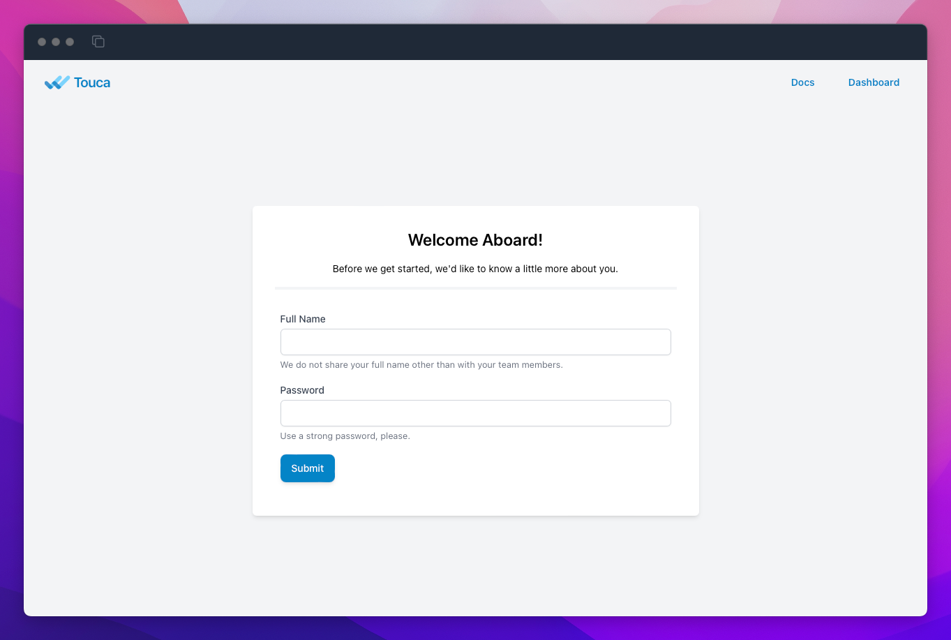Touca onboarding page