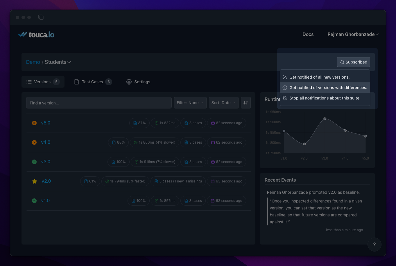 Touca Test Case Overview page